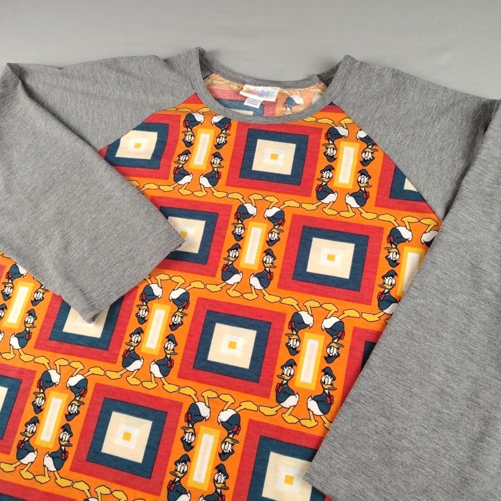 Disney LulaRoe Donald Duck Shirt Womens Large 3/4 Sleeve Orange Blue Yellow EUC